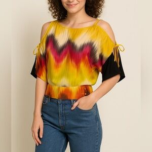 Guess by Marciano 100% Silk vibrant tie dye cold shoulder top blouse